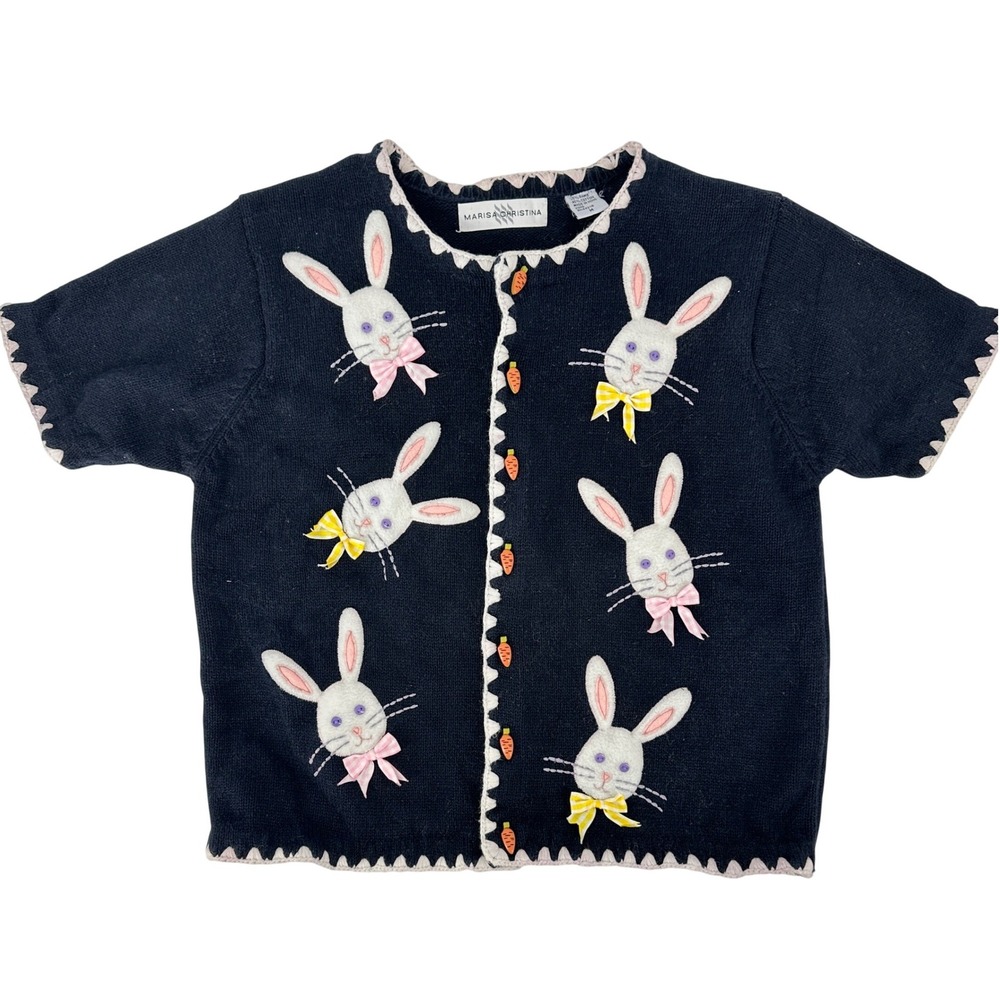 Marisa Christina Navy Bunny Carrot Button Up Cardigan‎ Easter Sweater Women M